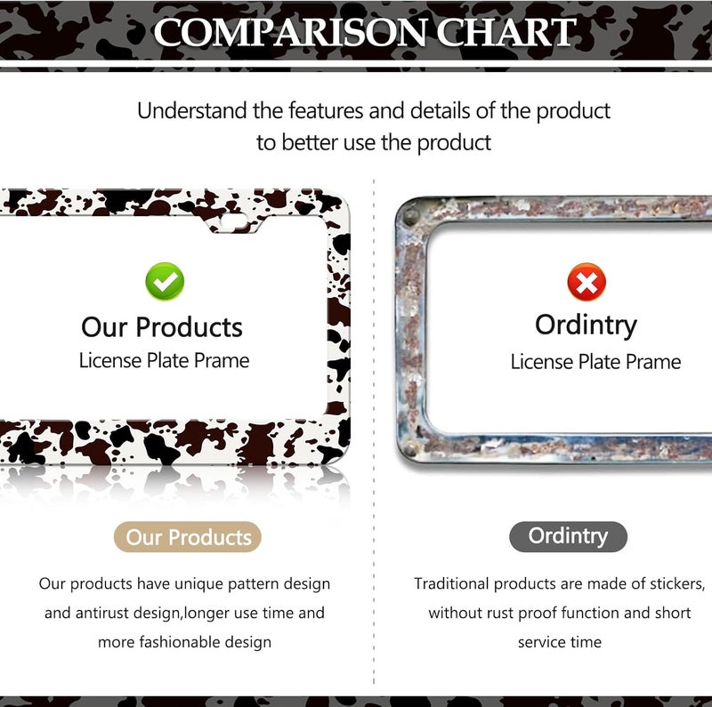 LIN KANG 2PCS Brown Cow Print License Plate Frames, Cute Animal Spots Aluminum Metal License Plate Holder Covers, Rust-Proof Waterproof Car Decorative Tag Frames for Standard US 12x6 Inch - Image 4